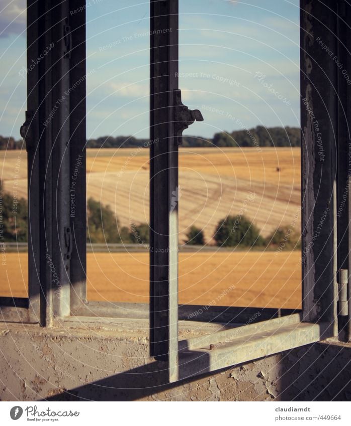 freedom Nature Landscape Sky Summer Beautiful weather Field Germany GDR Tower Manmade structures Watch tower Window Monument Stone Metal Old Historic Broken