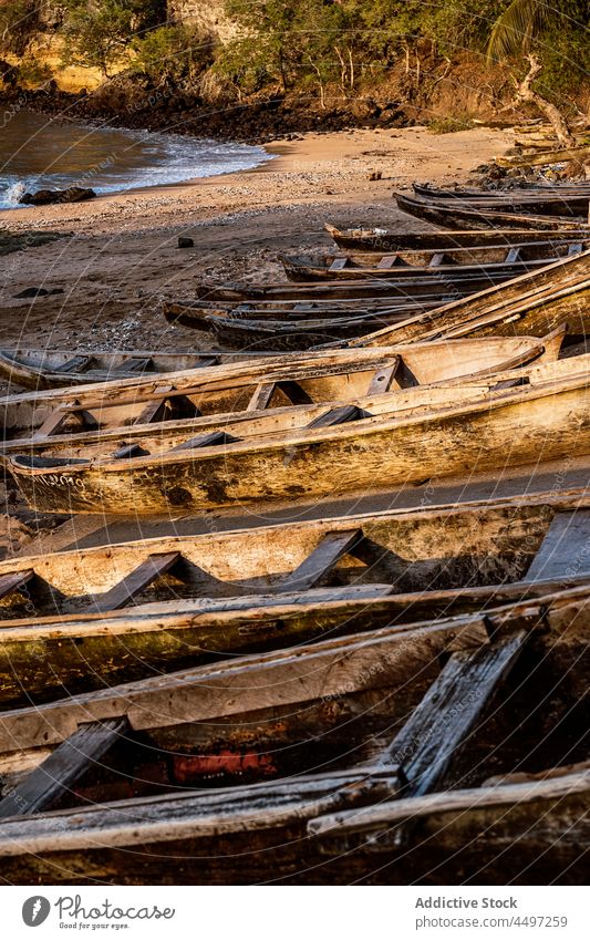 Old boats on sandy shore near ocean on tropical island beach coast palm nature aged wooden São Tomé and Príncipe africa old green vessel empty plant tree