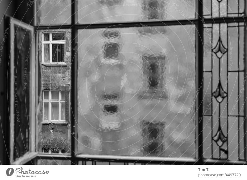 View from an old stairwell window. Window Staircase (Hallway) Courtyard Backyard Berlin Prenzlauer Berg unrefurbished Deserted Town Downtown Day