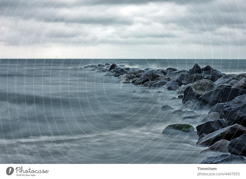 North Sea and pier Water Waves Mole stones White crest Exterior shot Sky Clouds Vacation & Travel Ocean Colour photo Nature Horizon Denmark Deserted Elements