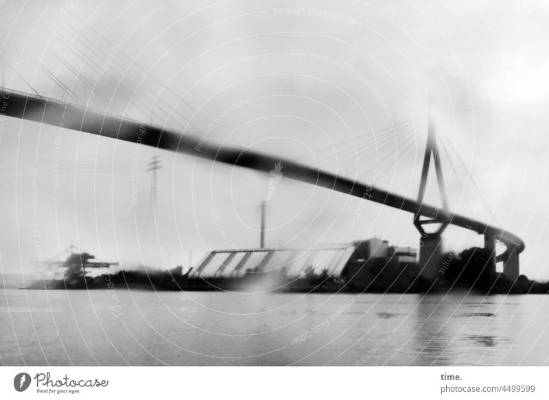 bridging day Bridge Cable-stayed bridge Swing Rain urban Elbe Connection Water Wet Drops of water Maritime hazy Gray Sky Damp tired Gloomy hanger Transport