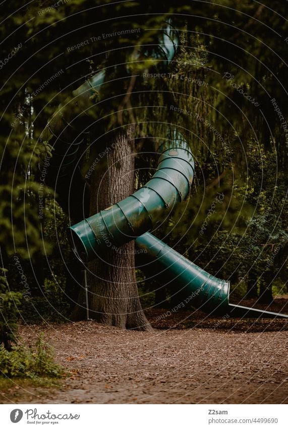 Rutsche im Wald rutsche wald grün bäume abtrakt urban natur landschaft spielplatz kinderspielplatz erholung freizeit sträucher park röhre baum