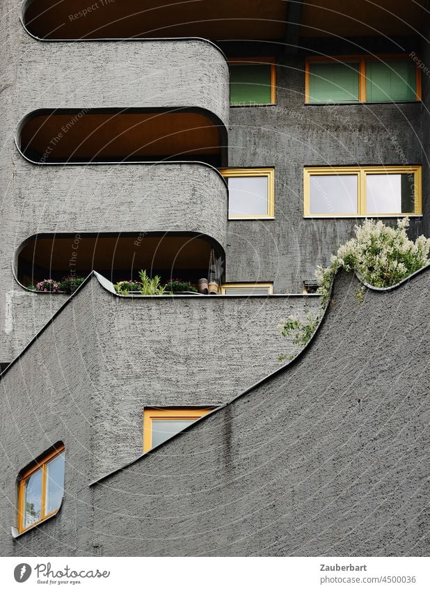 Grey facade with yellow window frames and balcony of a modern apartment building Facade Apartment Building Apartment house Gray Yellow Window Window frame