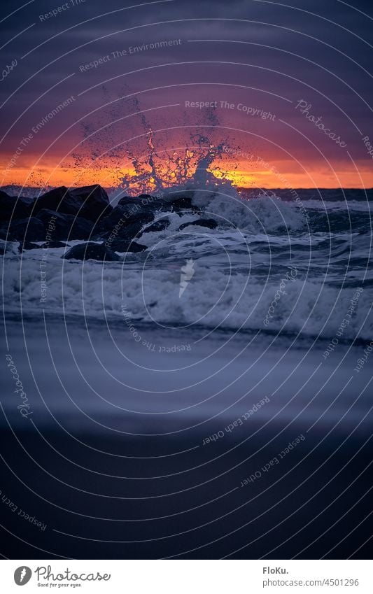 Wave breaks on stones in front of the setting sun wave North Sea Sun coast ocean Ocean North Sea coast Drop Beach Vacation & Travel Water Sand Nature Sky Waves