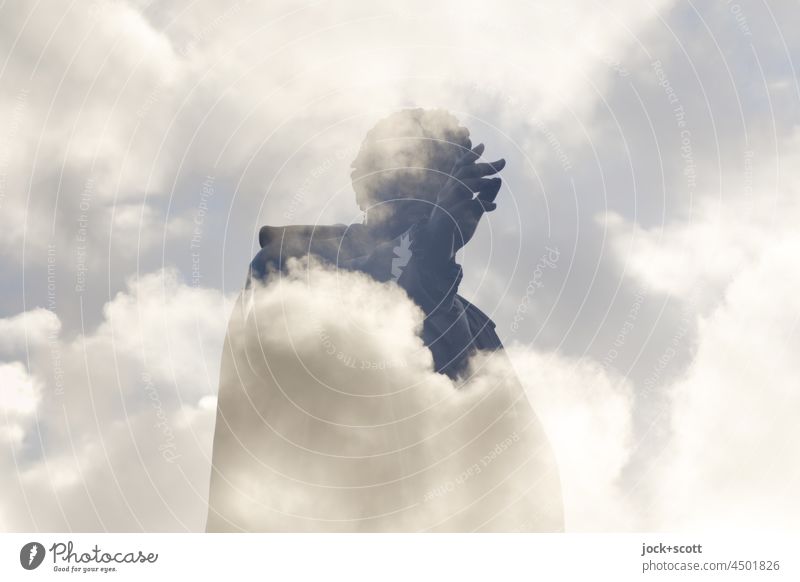 Knowledge in the clouds Monument Statue Sculpture Historic Double exposure Reaction Silhouette Surrealism Gestures Albrecht Daniel Thaer Clouds Experimental