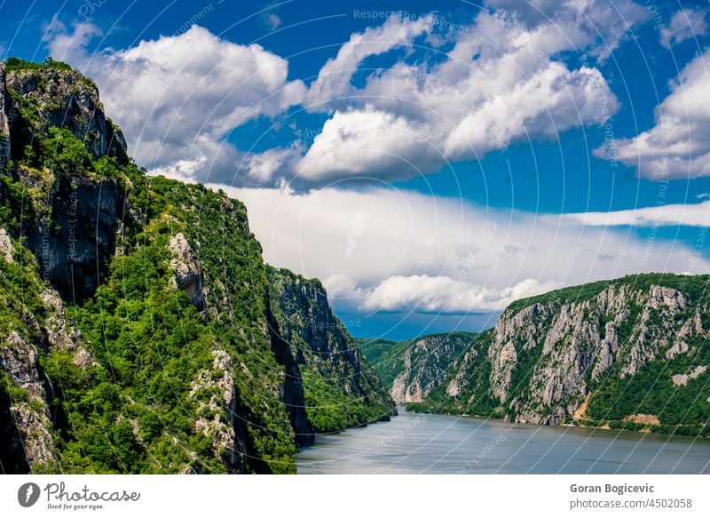 Danube gorge in Djerdap on the Serbian-Romanian border autumn beautiful blue canyon cliff danube djerdap environment europe fall flow green high landmark