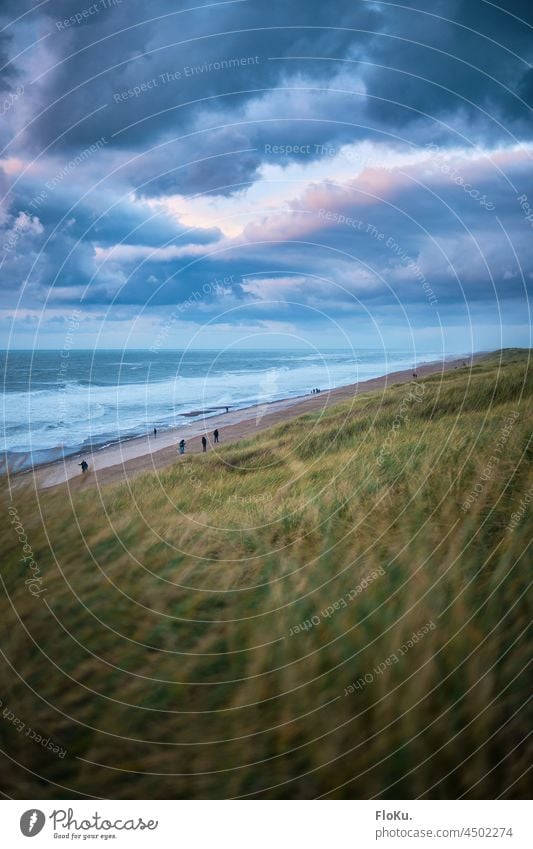 cloudy evening at the North Sea coast in Denmark Ocean Beach Europe Vacation & Travel Water Sky Landscape Waves Sand Nature Blue Clouds Exterior shot naturally