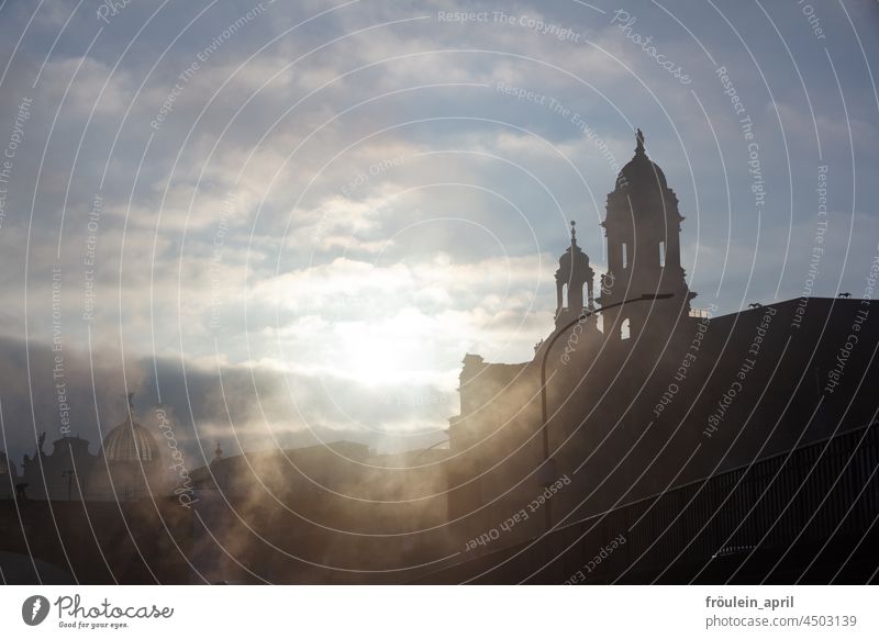 Foggy Dresden - City view in morning fog Town Misty atmosphere Shroud of fog Dresden Old Town Old town Architecture Saxony Capital city Baroque somber