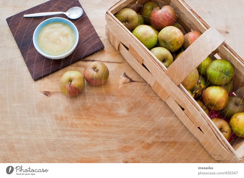 Boskop apples on wooden background - thanksgiving Food Sausage Fruit Apple Dessert Jam Eating Breakfast Spoon Decoration Wood Diet Delicious Juicy Brown Yellow