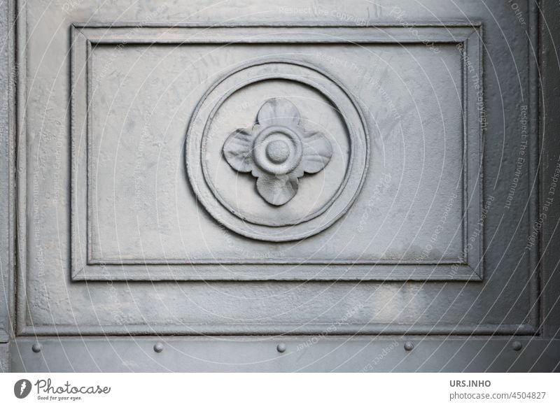 Detail of a door with ener flower as ornament Ornament Metal Blossom detail Exterior shot Pattern Close-up Goal Structures and shapes Deserted background Old