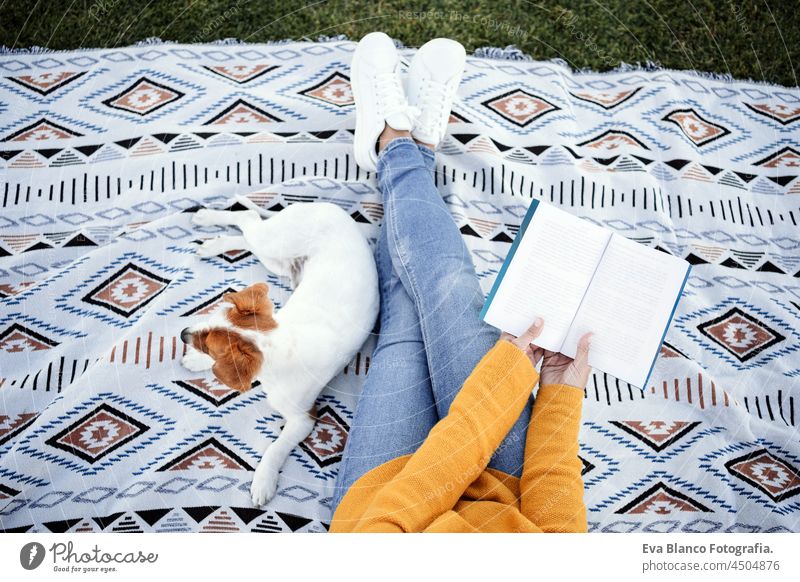 top view of woman having fun with jack russell dog in park, sitting on blanket during autumn season. Woman reading a book while cuddling dog. Pets and love concept