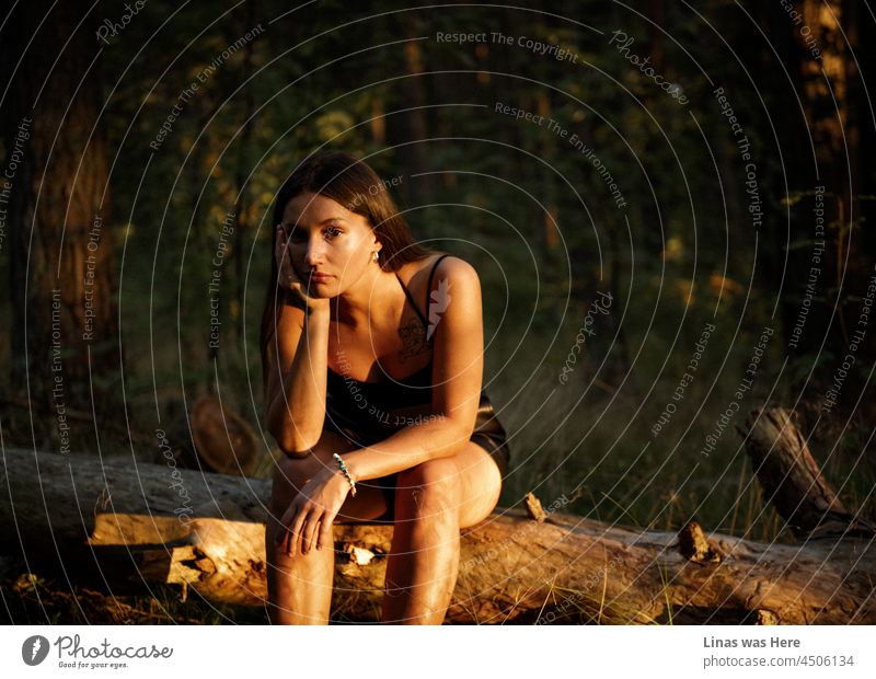 Such a beautiful golden evening light shines on these woods and especially on this gorgeous brunette girl. She is thinking about something deeply and the feeling of summertime sadness is in the image as well.