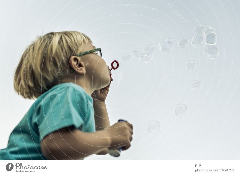 bubble fun Child 1 Human being Playing Blonde Joy Infancy Transience Soap bubble Blow Eyeglasses Bursting Flying Sphere Bubble Surface tension Fleeting