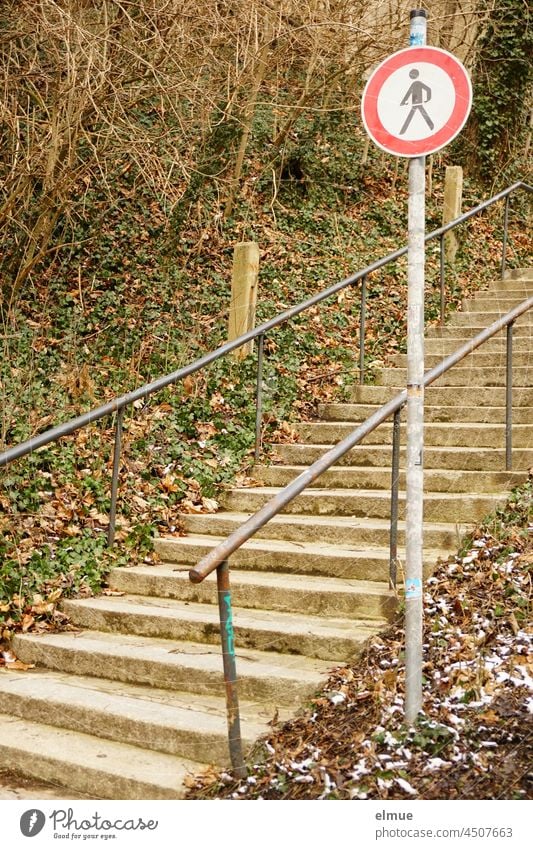 Traffic sign - Prohibition for pedestrians - on the side of a staircase with handrail in a park / VZ 259 pedestrian ban Road sign Stairs transit ban Pictogram