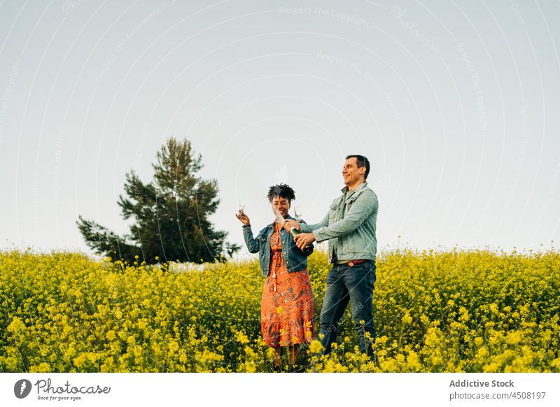 Cheerful young multiracial couple opening champagne bottle in meadow cheerful celebrate date romantic love relationship together happy countryside boyfriend