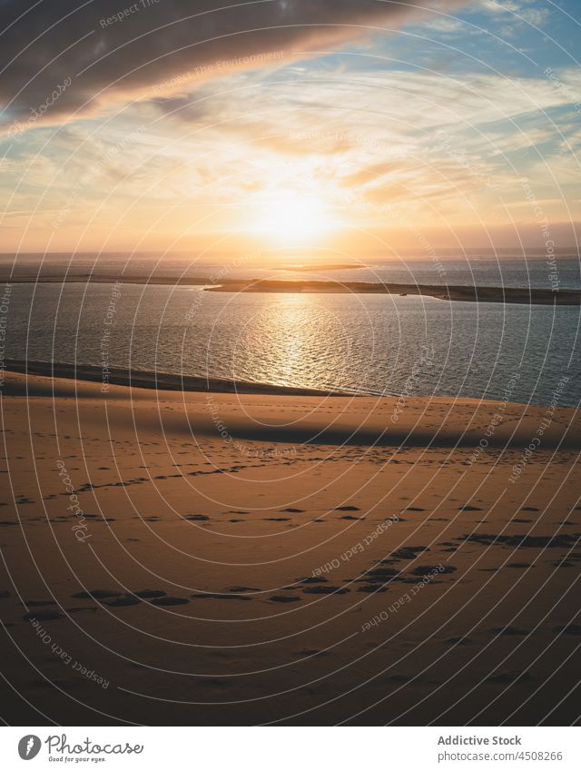 Sandy desert washed by sea at sunset sand dune coast nature sunshine environment scenery exotic seascape ripple landscape sundown endless sunlight vast shore