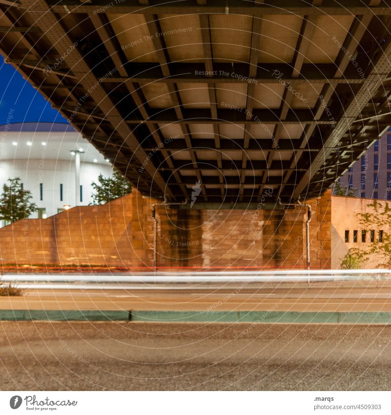 bridge Long exposure Night Street Light Speed Bridge Perspective Manmade structures Wall (barrier) Road traffic Town Beam of light