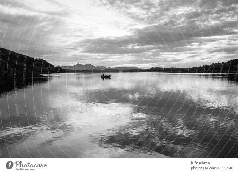 single fishing boat at the lake Lake Water reflection Clouds morning mood Nature Reflection Sky Landscape Calm Idyll Surface of water Fishing boat Individual