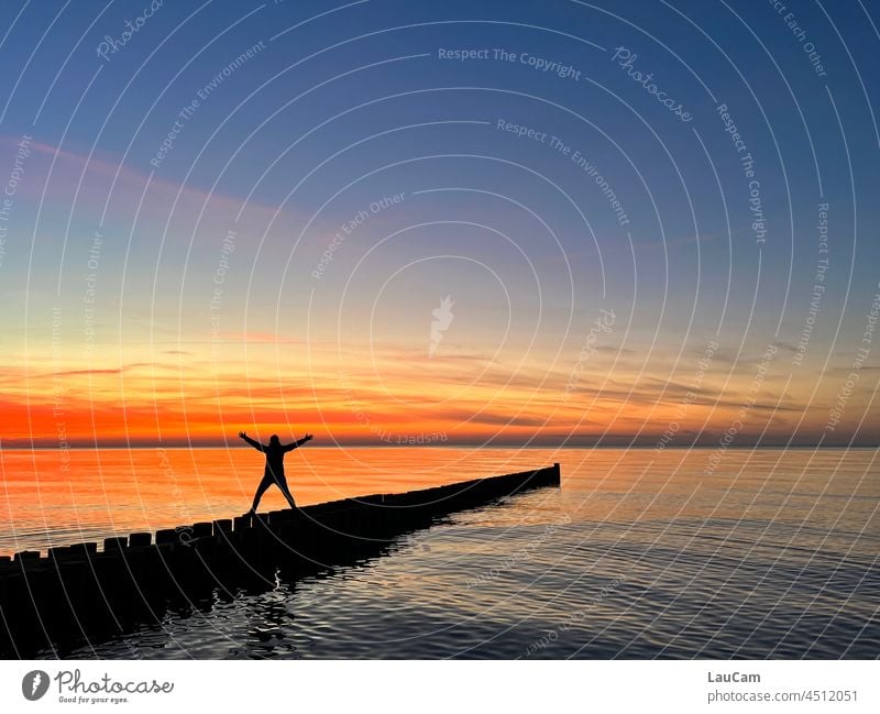 The sun has set - shadow play at the blue hour Sunset Twilight Silhouette Sky Twilight sky Shadow Shadow play Ocean Baltic Sea Break water groynes Figure coast