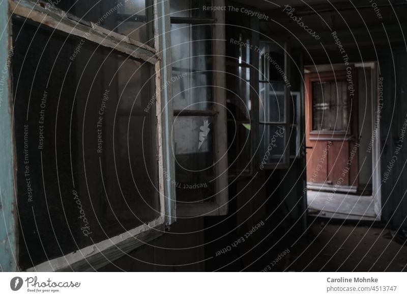 Insight into a demolition house: Open windows and doors Old House (Residential Structure) Termination Architecture Building Facade Deserted Colour photo