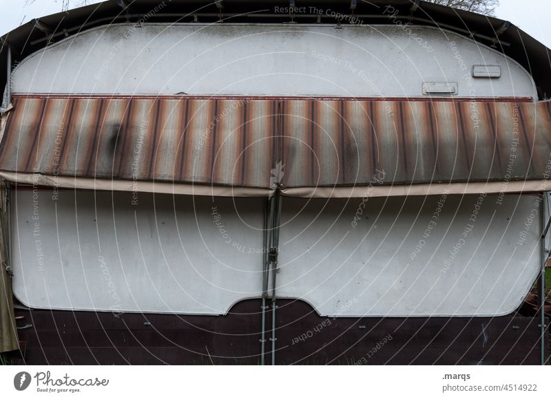 permanent campers Caravan Camping Gloomy Vacation & Travel Dark Old Leisure and hobbies Weathered Stripe Moody Tourism Past Retro Sun blind Camping site