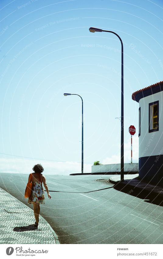 To the beach Transport Street Crossroads Road sign Going Hot Summer Dress To go for a walk Sidewalk Individual Shadow Upward Slope Colour photo Exterior shot