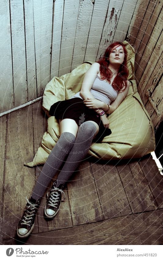 More sea! beanbag Wooden wall Attic Young woman Youth (Young adults) Body Legs 18 - 30 years Adults Sock Skirt Top Chucks Red-haired Long-haired Observe Lie