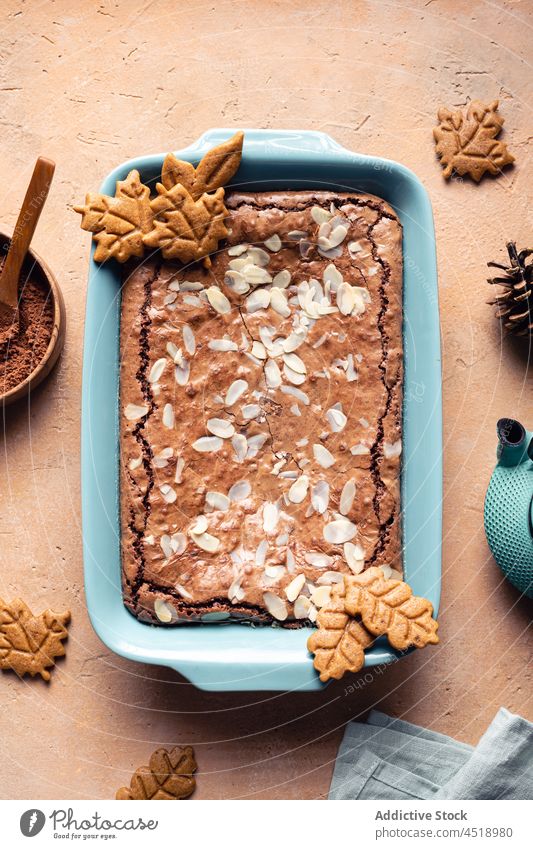 Delicious brownie in baking pan dessert baked cookie sweet homemade culinary pastry confection cocoa almond powder tasty table delicious yummy flake