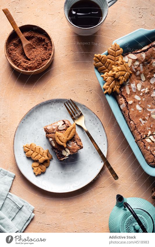 Brownie and cookies on plate brownie dessert baked sweet homemade culinary pastry confection slice serve cocoa almond powder tasty table delicious flake