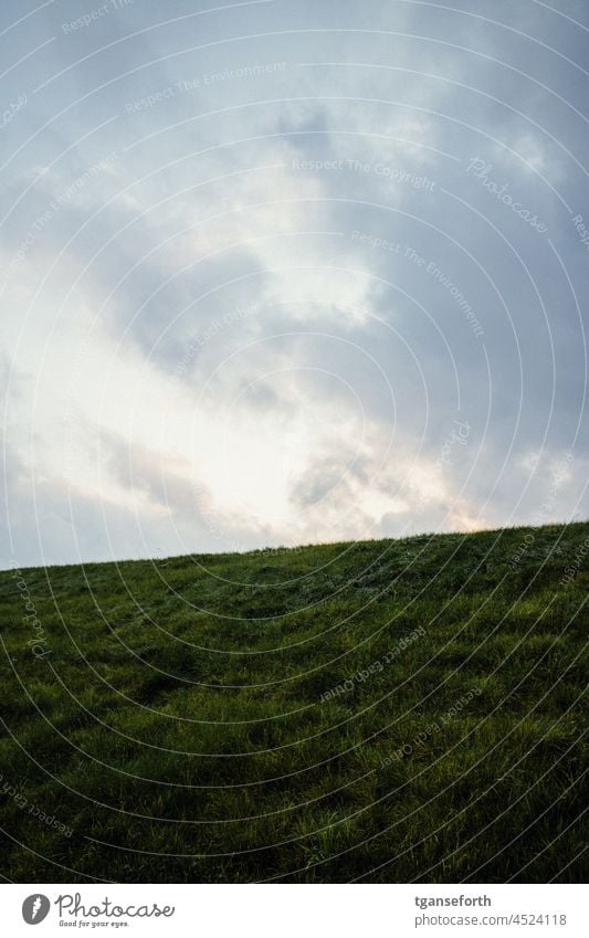 Evening sky over the dike Dike Sky Meadow Green Grass background Background picture Blue Clouds Exterior shot Minimalistic Landscape evening sky Dusk