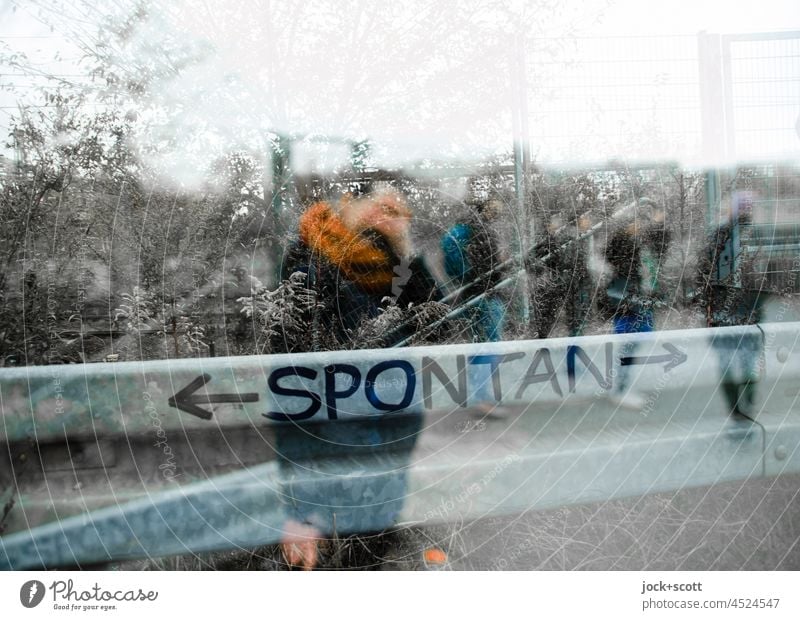 decide spontaneously without hesitation and procrastination at that moment Spontaneous group Crash barrier Street art Double exposure Reaction Silhouette