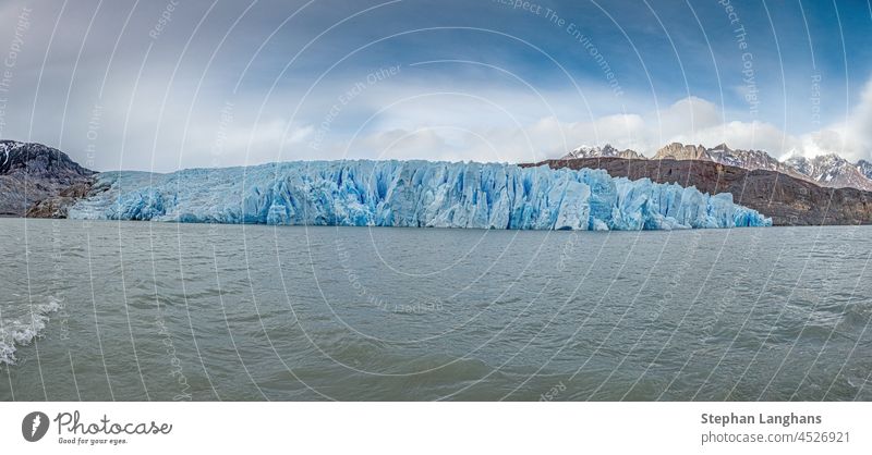 Panoramic view over Lago Grey and the edge of the Grey Glacier in Torres del Paine National Park in Patagonia patagonia mountain chile nature ice travel iceberg