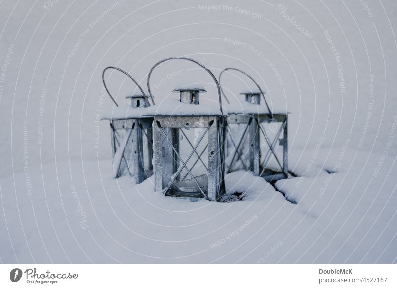 3 lanterns standing in the snow Exterior shot Gray Day Copy Space top Cold chill Detail naturally Seasons Winter Nature White Snow Weather Deserted Winter mood