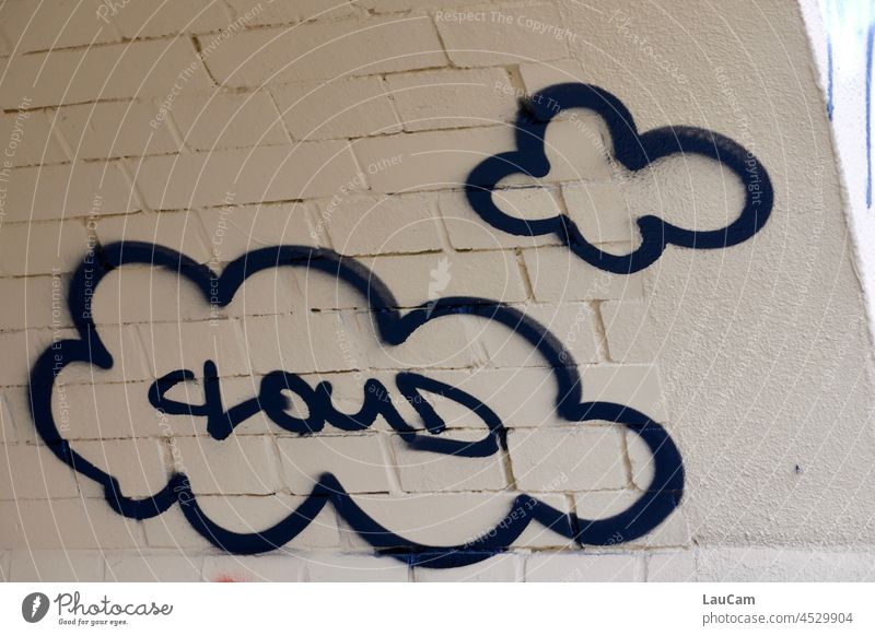 Cloud in cloud plus cloud cloudy cloudy sky Clouds Sky Weather Beautiful weather Bad weather Graffiti Illustration White Black Clinker bricks Clinker Wall Rain