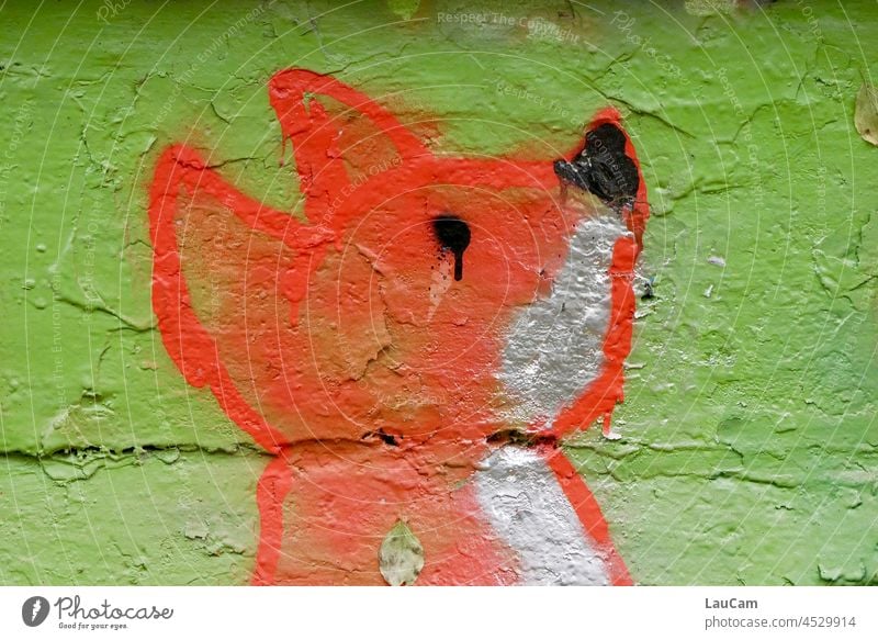 Sad fox Fox Foxes Animal Wild animal Nature Animal portrait Colour photo Mammal Graffiti Mural painting Baby animal Looking Cute street art Multicoloured Orange