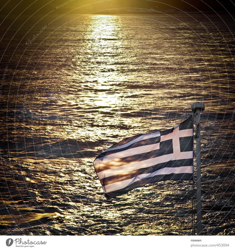 Greek Waves Coast Ocean Blue Greece Flag Navigation Watercraft Ferry Mediterranean sea Warmth Summer vacation Summery Flagpole Colour photo Exterior shot