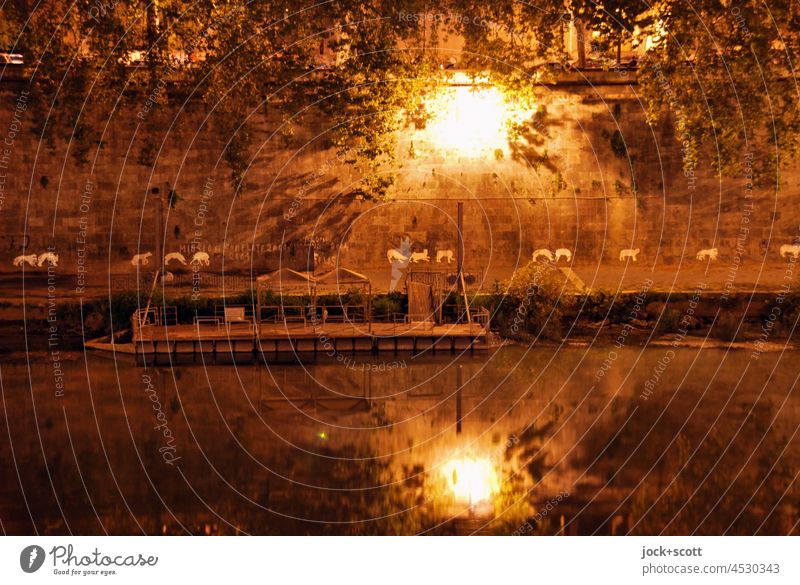 a quiet summer evening on the banks of the Tiber Rome Italy River Night shot Lighting boat Reflection Street art Channel Bank reinforcement Deserted Back-light