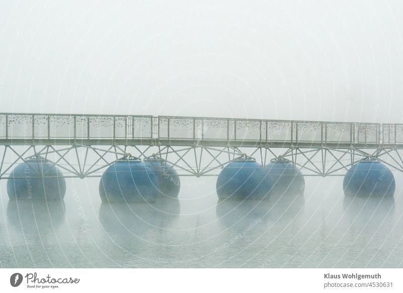 Interesting pontoon bridge in the Flückiger lake in November fog Bridge Happy Lake Rose garden Freiburg im Breisgau November mood Water Fog Shroud of fog float