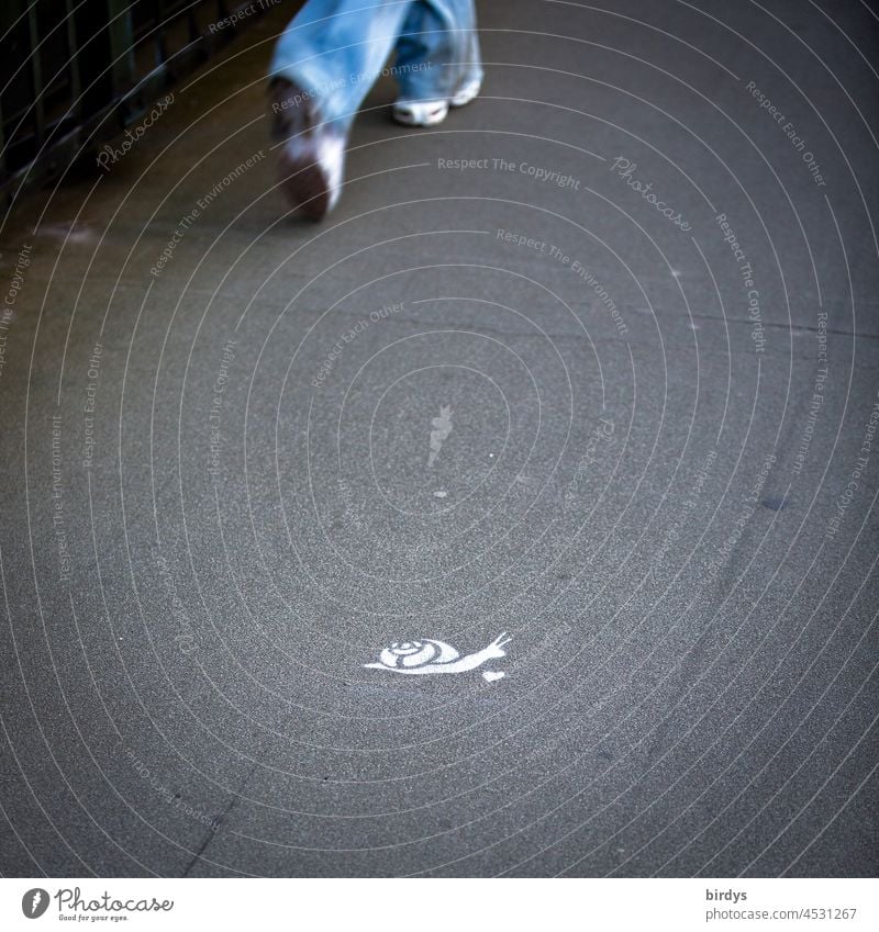 Hurry up, snail symbol with heart on a footpath. Pedestrian with hurried steps deceleration Crumpet Time Haste Stress Walking motion blur attentiveness