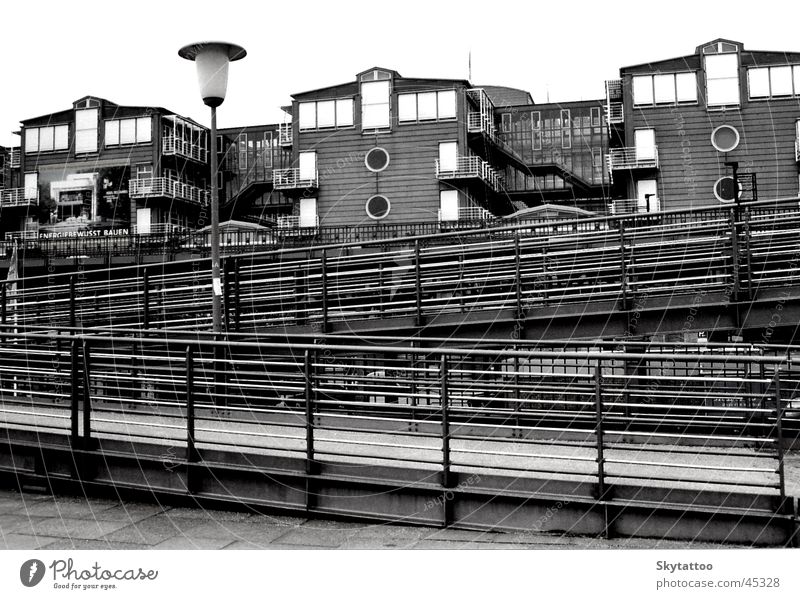 Architectural House (Residential Structure) Architecture Hamburg tree-wall Handrail black/ white photo