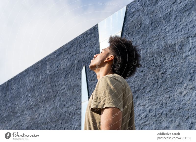 Relaxed black man with closed eyes near stone wall peaceful carefree harmony serene dream dreamy tranquil quiet male eyes closed sunlight curly hair calm