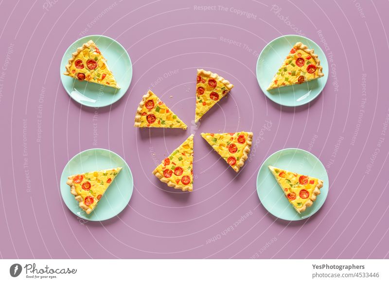 Quiche meal on a purple table, above view. Slices of homemade quiche. background baked brunch cake cheese color crust cuisine dairy delicious dinner dish egg