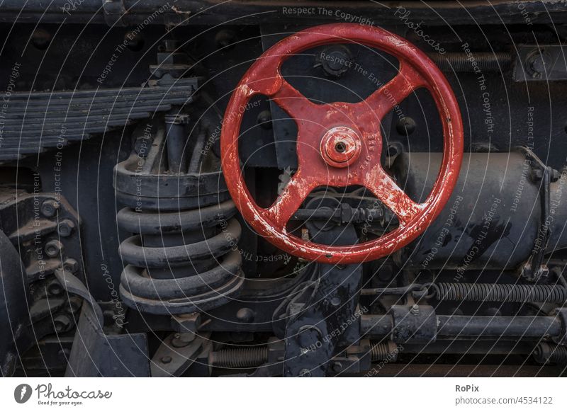 Chassis detail of an old railroad car. handwheel technique Mechanics Wheel Crank Lever Circle Axle wave Gear unit pipe cable winch Machinery machine