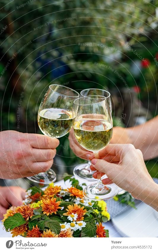 Happy family having dinner at the summer garden party and clinking drinks. People say toast and drink. Festive family dinner in the backyard. Male and female hands holding glasses of wine. Lifestyle