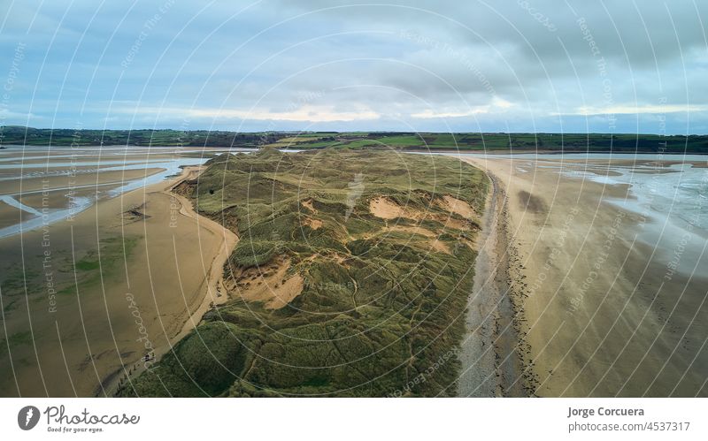 aerial drone view of the dunes of Tramore, Waterford Ireland. Sandhills natural park tramore ireland holiday travel irish landscape nature tourism outdoor