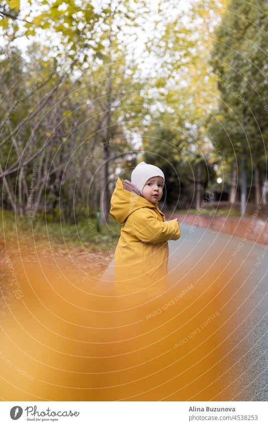 Cute caucasian baby girl one year old walking in autumn outdoor. Happy healthy child with smiley face enjoying life and autumn season on sunset Child Leaf