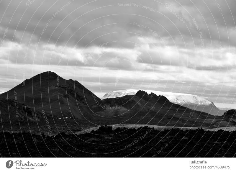 Iceland Mountain mountains Snow Snowcapped peak Landscape Nature Contrast Volcanic volcanic rock Sky Clouds Black & white photo Climate Peak Moody Cold Rock