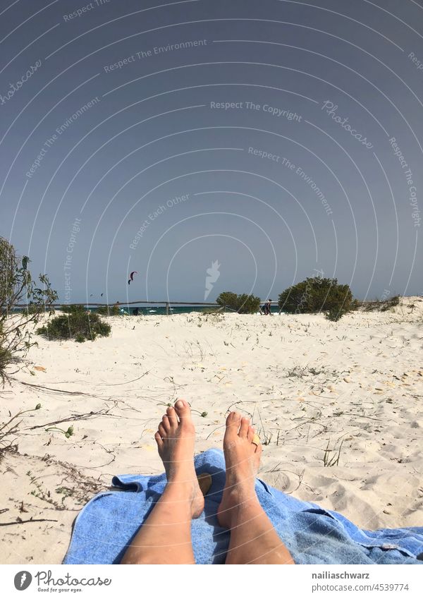 On the beach Beach Beach dune relax vacation Vacation mood Vacation photo Feet up Legs Woman beach towel Sky Relaxation voyage Sandy beach sandy Exterior shot