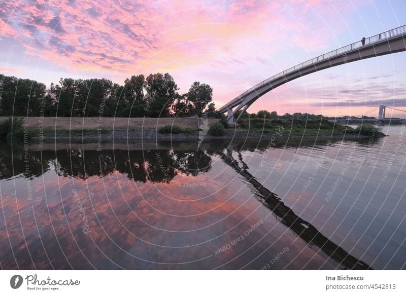 Sunset at the pedestrian bridge which is reflected in the Rhine at the harbour in Cologne-Mülheim. Bridge Reflection in the water afterglows evening mood