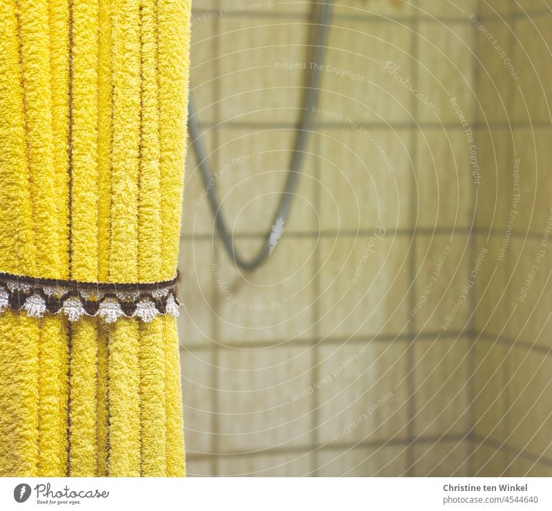 Yellow retro terry shower curtain held by a crocheted border Shower curtain Terry cloth 70s vintage Old Crocheted border Retro 1970s Past Pattern Seventies